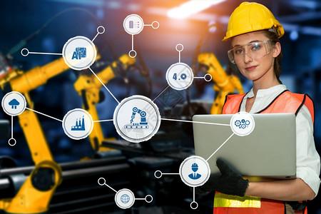 工程技术和业40智能厂概念图示显自动化系统使用机器人和通过互联网络